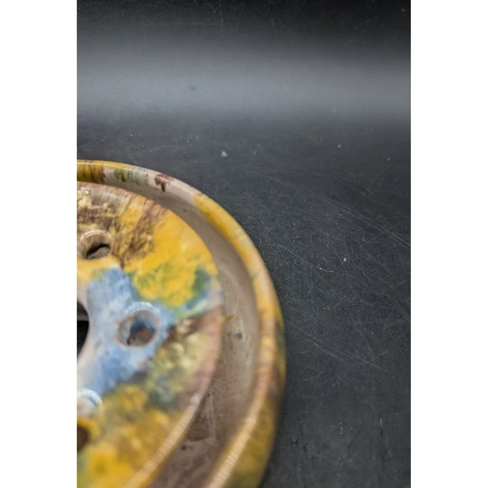 Ridge Hand Studio Pottery Ceramic Flower Frog Bowl Set Drip Glaze Multicolor 5